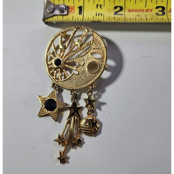 Gold-Tone Celestial Brooch With Dangling Stars & Moon Design space  galaxy - Picture 2 of 4